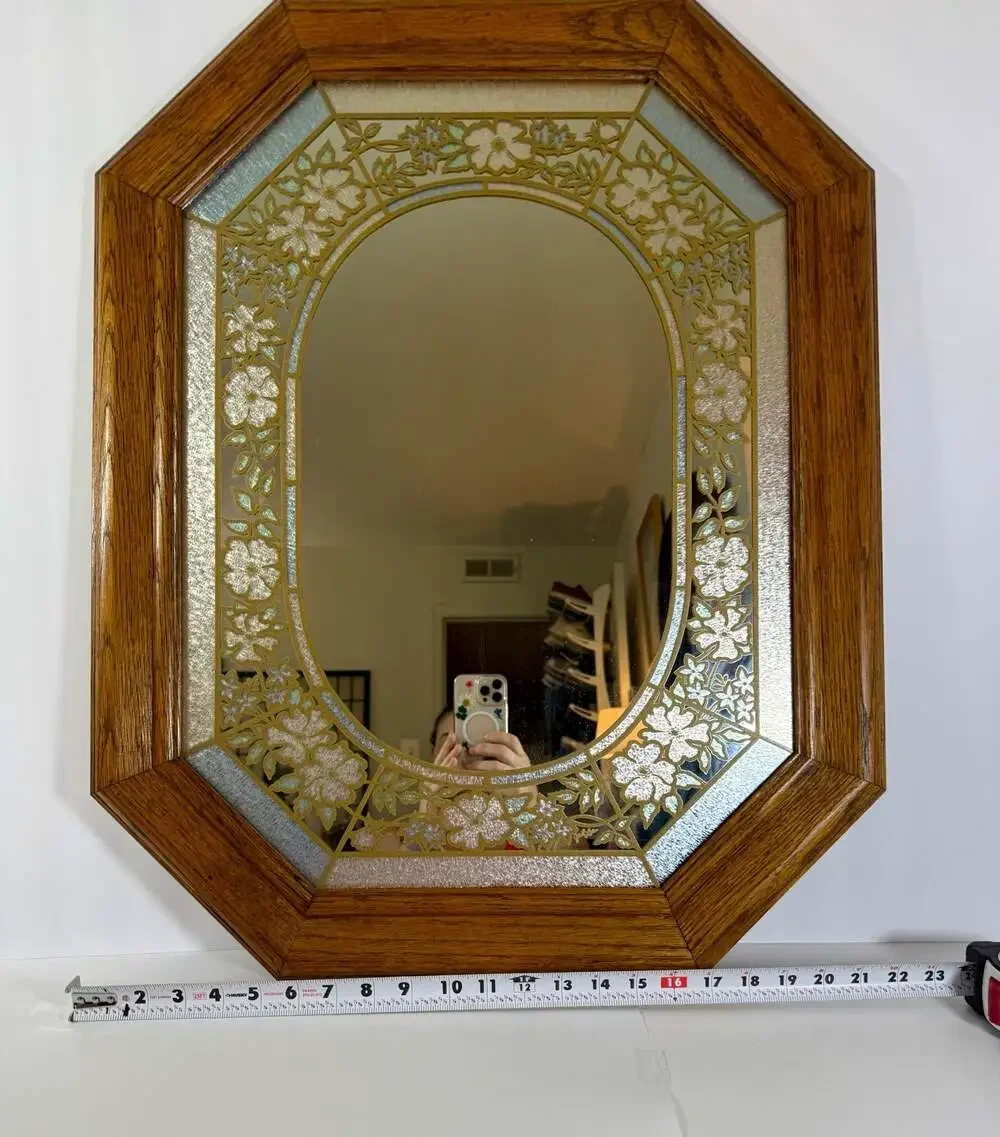 Vintage Windsor Art Wall Mirror with Pastel Floral Etched Glass and Wood Frame